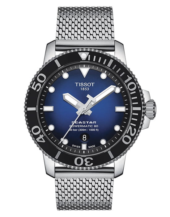 Tissot Tissot Seastar 1000 Powermatic 80 T120.407.11.041.02 Seastar 1000 T1204071104102 механические мужские часы синий циферблат, браслет нержавеющая сталь — вид спереди